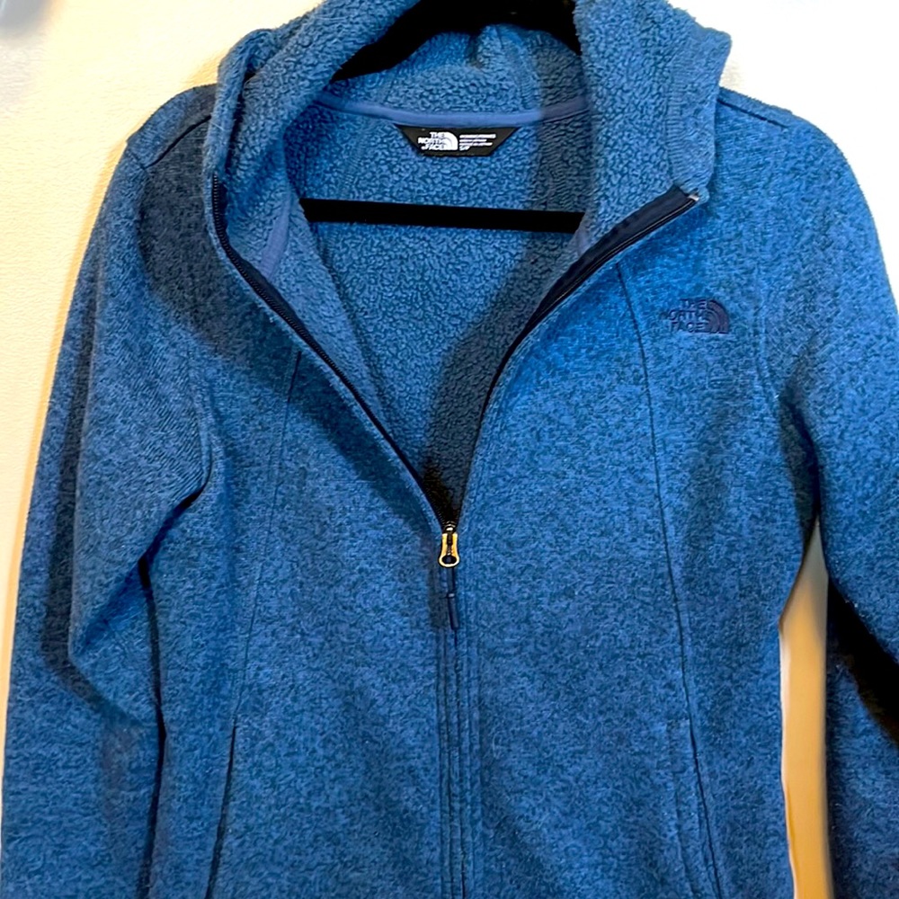 The North Face blue hooded, full zip, better sweater.